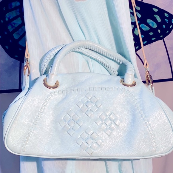 Boho-chic Tiffany blue crossbody leather satchel - Picture 2 of 4